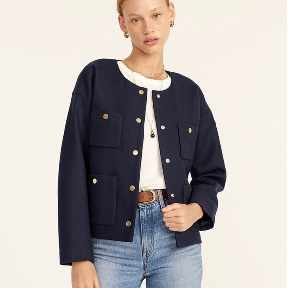 J Crew Luxe Relaxed Lady Jacket in Double Serge Wool, Size 16 in Navy Blue - Picture 1 of 15